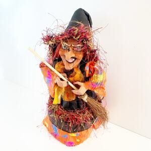Animated Halloween Witch Decor Laugh Cackle Spin Light Up Sound Broom Hat Orange